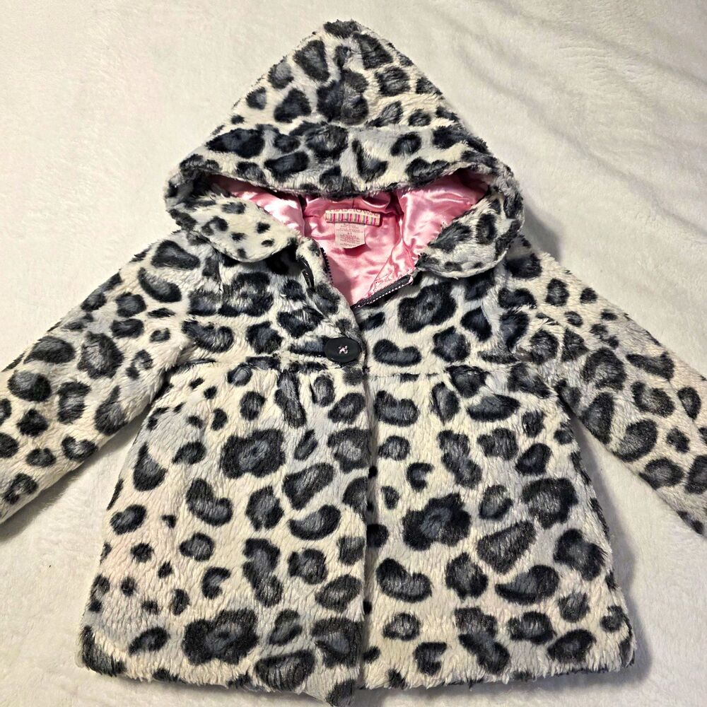 Play Town Girls 4T Faux Fur Leopard Print Hooded Lined Zip Coat